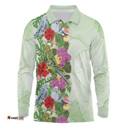 Aussie Budgies Blue And Green Tropical Birds Long Sleeve Polo Shirt LT9