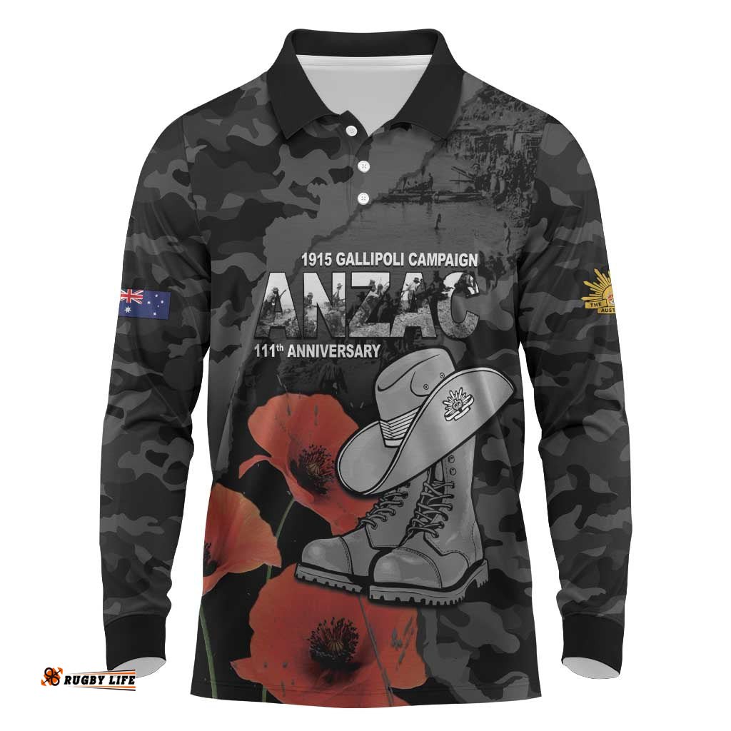 Australia 1915 Gallipoli ANZAC Long Sleeve Polo Shirt 111th Anniversary Army Boots And Slouch Hat LT14