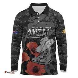 Australia 1915 Gallipoli ANZAC Long Sleeve Polo Shirt 111th Anniversary Army Boots And Slouch Hat LT14