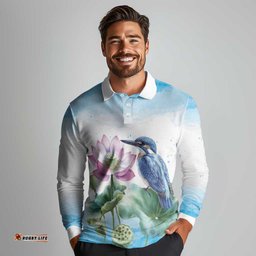 Australia Azure Kingfisher Long Sleeve Polo Shirt Ceyx Azureus Sacred Lotus Watercolor LT14