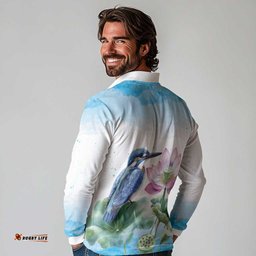 Australia Azure Kingfisher Long Sleeve Polo Shirt Ceyx Azureus Sacred Lotus Watercolor LT14