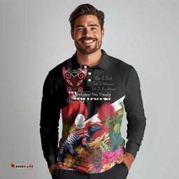 Aotearoa Toitu Te Tiriti Long Sleeve Polo Shirt Waitangi-Honour The Treaty NZ Tuatara and Plants LT03
