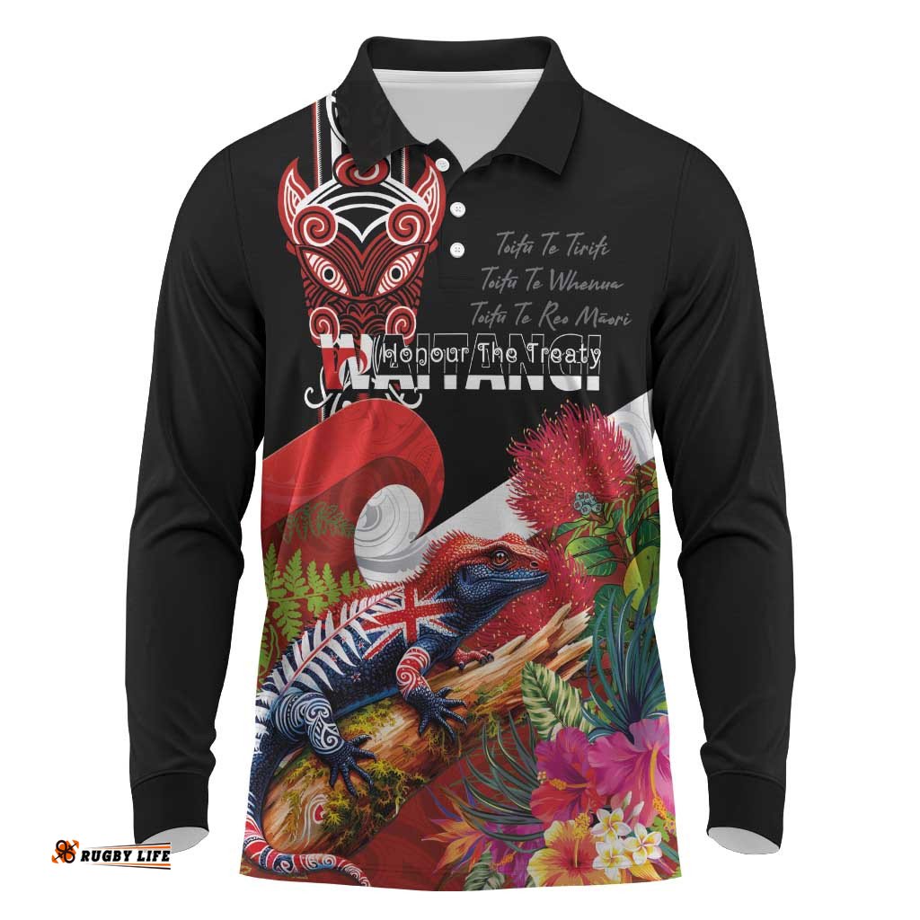 Aotearoa Toitu Te Tiriti Long Sleeve Polo Shirt Waitangi-Honour The Treaty NZ Tuatara and Plants LT03