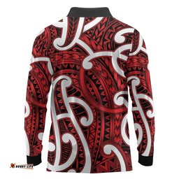 Aotearoa Maori Kowhaiwhai Long Sleeve Polo Shirt Whero Puhoro and Patiki LT9