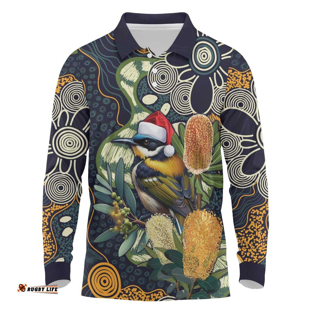 Aussie Honeyeaters Banksia Christmas Long Sleeve Polo Shirt Aboriginal Dots Painting Blue Motif LT9