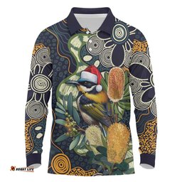 Aussie Honeyeaters Banksia Christmas Long Sleeve Polo Shirt Aboriginal Dots Painting Blue Motif LT9
