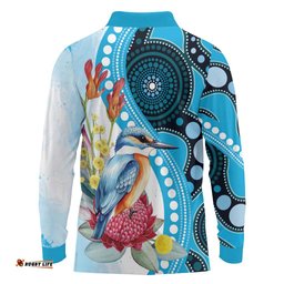 Australia Azure Kingfisher Long Sleeve Polo Shirt Australian Native Flowers Indigenous Art LT14