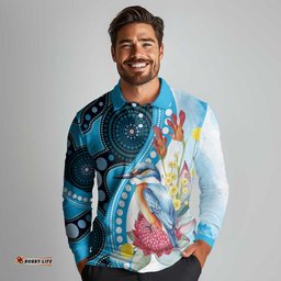 Australia Azure Kingfisher Long Sleeve Polo Shirt Australian Native Flowers Indigenous Art LT14
