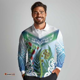 Aotearoa New Zealand Natural Plants Long Sleeve Polo Shirt Pohutukawa with Silver Ferns Koru Frond Maori Tattoos LT03