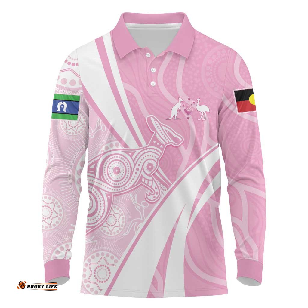 Australia Bowls Personalised Indigenous Pink Round Long Sleeve Polo Shirt LT7