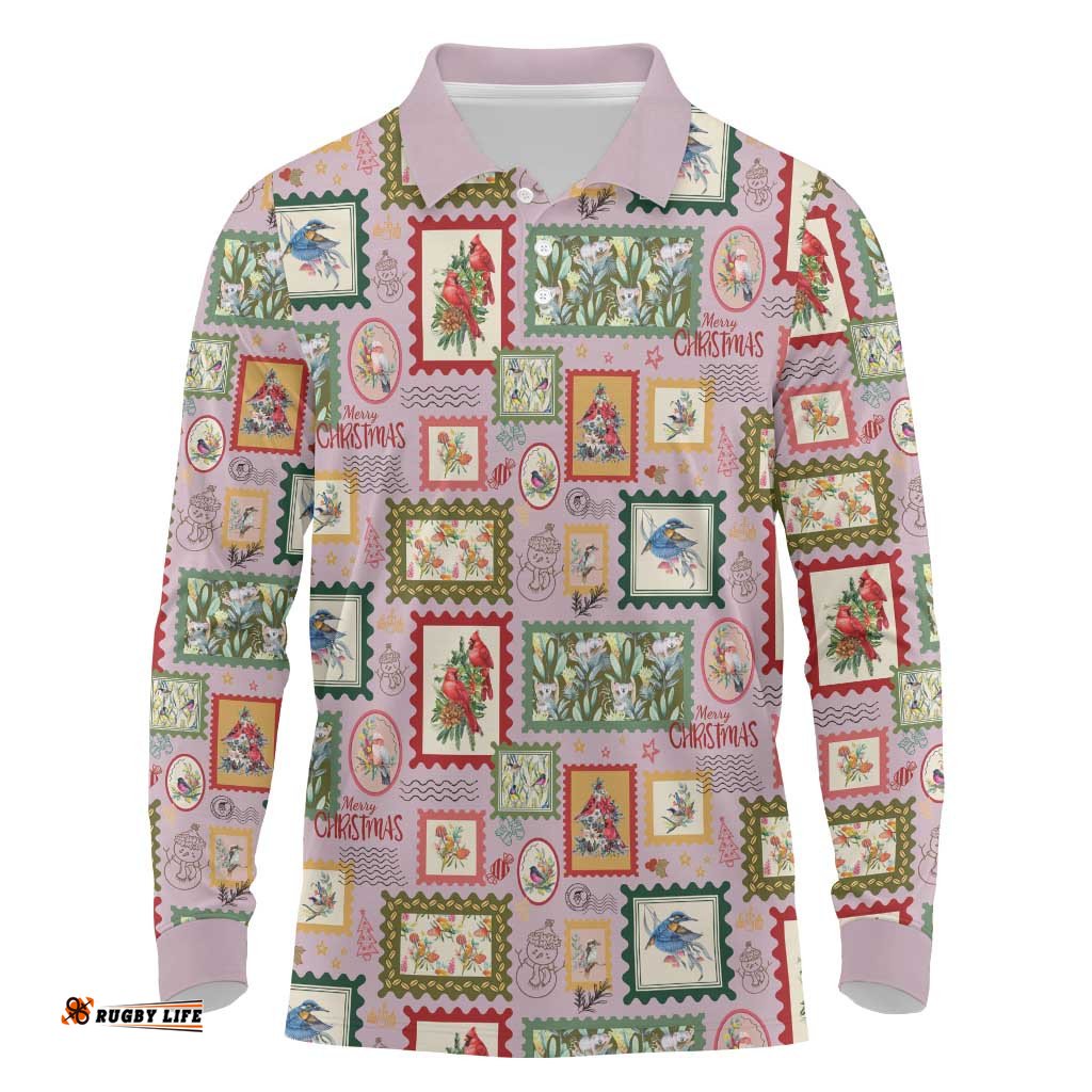 Aussie Birds Christmas La La Land Long Sleeve Polo Shirt Pink Vintage Stamp Edition LT9
