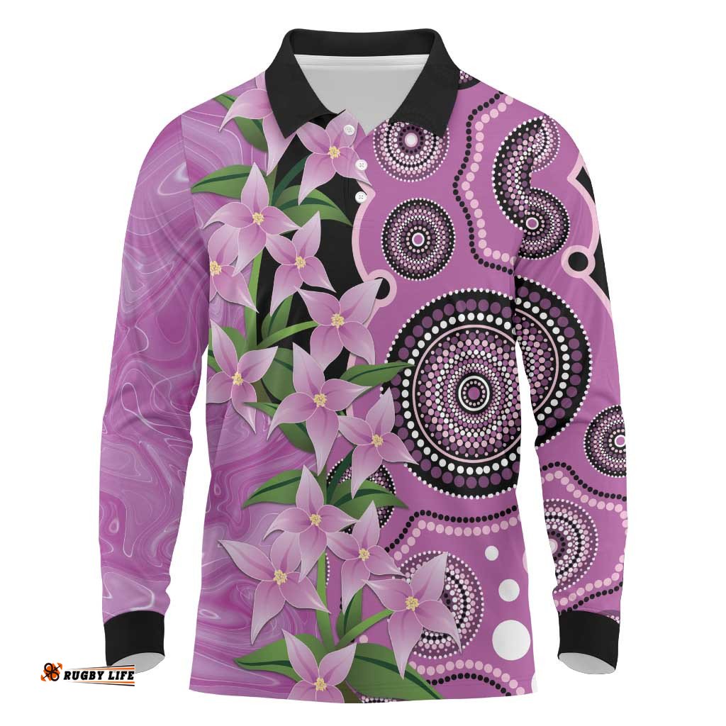 Australia Boronia Long Sleeve Polo Shirt Aussie Native Flowers Indigenous Art LT14