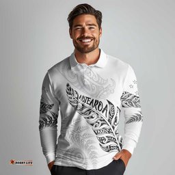 Aotearoa Personalized Lawn Bowls Maori Long Sleeve Polo Shirt New Zealand White Tribal Silver Fern LT7