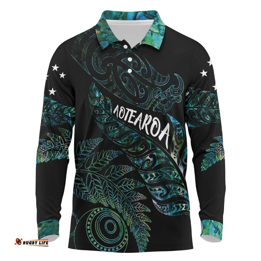 Aotearoa Personalized Lawn Bowls Maori Long Sleeve Polo Shirt New Zealand Paua Shell Tribal Silver Fern LT7