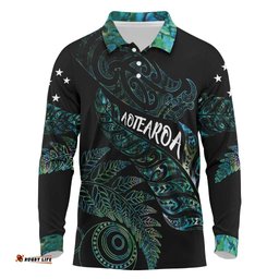 Aotearoa Personalized Lawn Bowls Maori Long Sleeve Polo Shirt New Zealand Paua Shell Tribal Silver Fern LT7