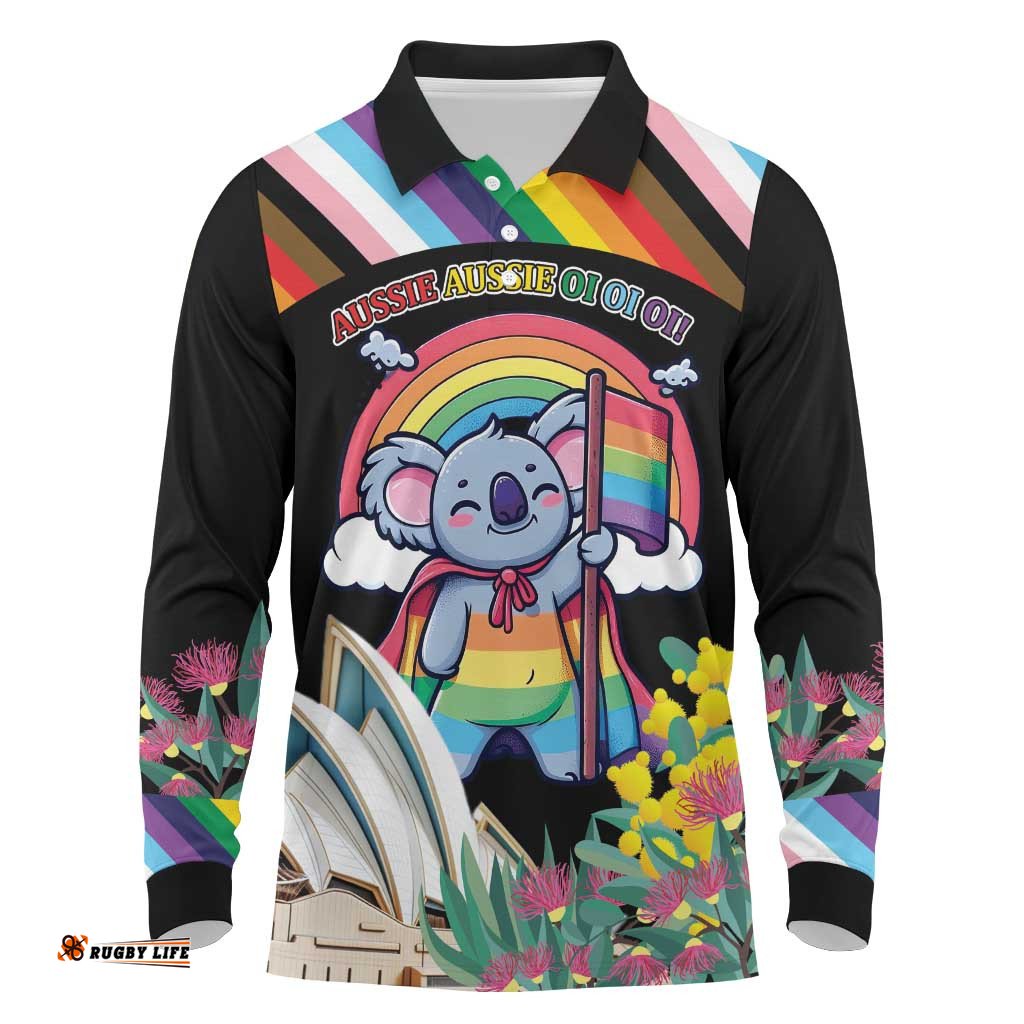 Aussia Pride Month Rainbow Koala Long Sleeve Polo Shirt LT9