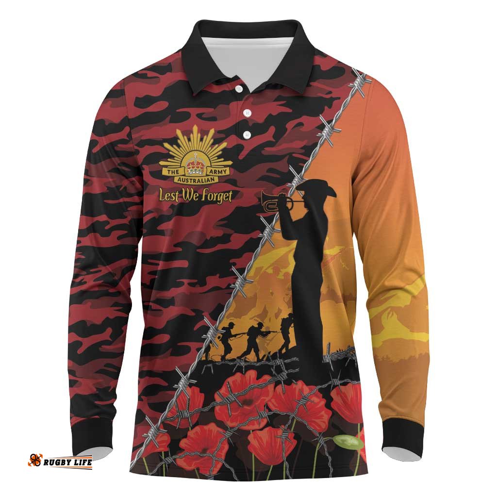 ANZAC Lest We Forget Long Sleeve Polo Shirt Australian Army Poppy Tribute LT15