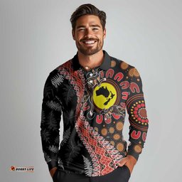 Aotearoa and Australia Long Sleeve Polo Shirt Maori Koru Ferns With Aboriginal Kangaroo LT03
