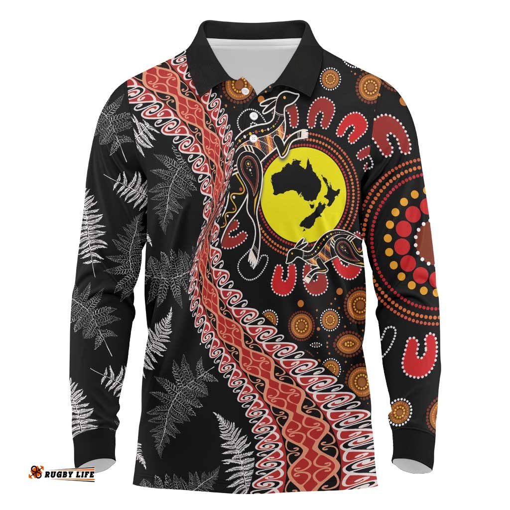 Aotearoa and Australia Long Sleeve Polo Shirt Maori Koru Ferns With Aboriginal Kangaroo LT03