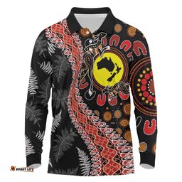 Aotearoa and Australia Long Sleeve Polo Shirt Maori Koru Ferns With Aboriginal Kangaroo LT03