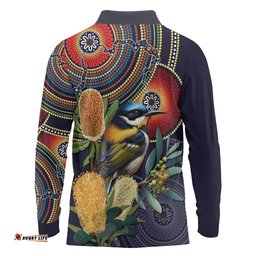 Aussie Honeyeaters Banksia Flowers Long Sleeve Polo Shirt Aboriginal Dots Painting LT9