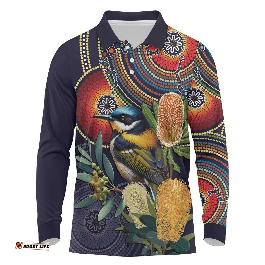 Aussie Honeyeaters Banksia Flowers Long Sleeve Polo Shirt Aboriginal Dots Painting LT9