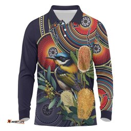 Aussie Honeyeaters Banksia Flowers Long Sleeve Polo Shirt Aboriginal Dots Painting LT9