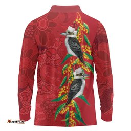 Aussie Kokaburra Golden Wattle Christmas Long Sleeve Polo Shirt Aboriginal Dots Painting Red Motif LT9
