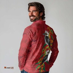 Aussie Kokaburra Golden Wattle Christmas Long Sleeve Polo Shirt Aboriginal Dots Painting Red Motif LT9