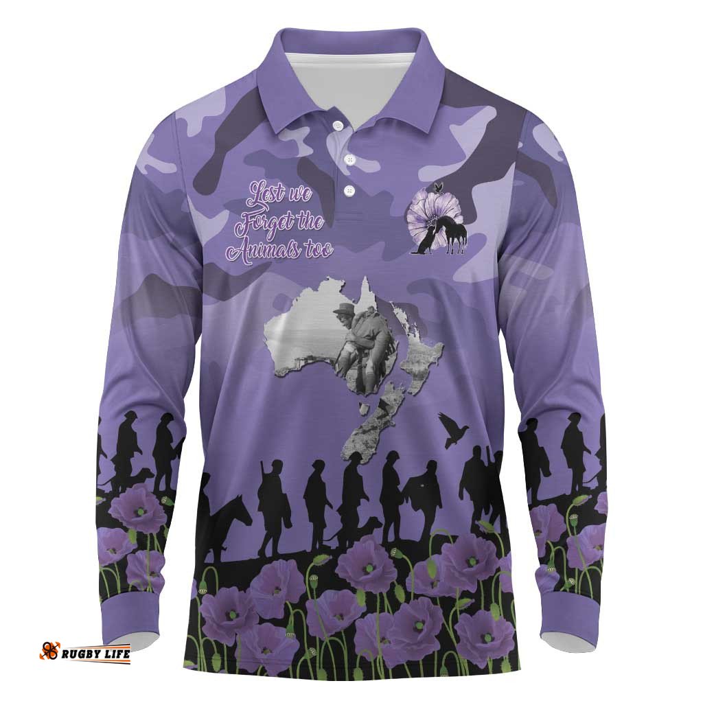 ANZAC Day Long Sleeve Polo Shirt Lest We Forget the Animals Too LT19