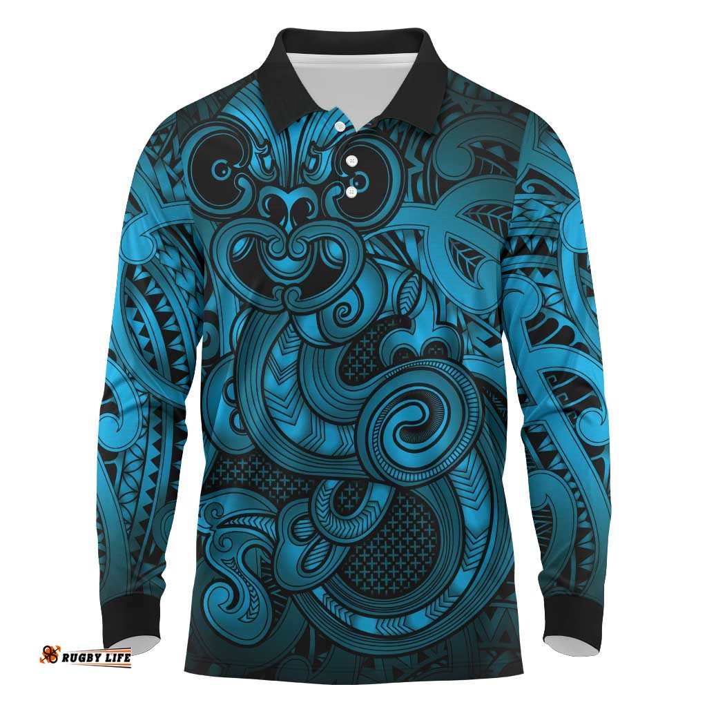 Aotearoa Maori Hei Tiki Long Sleeve Polo Shirt Kikorangi Kowhaiwhai Puhoro Motif LT9
