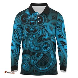 Aotearoa Maori Hei Tiki Long Sleeve Polo Shirt Kikorangi Kowhaiwhai Puhoro Motif LT9