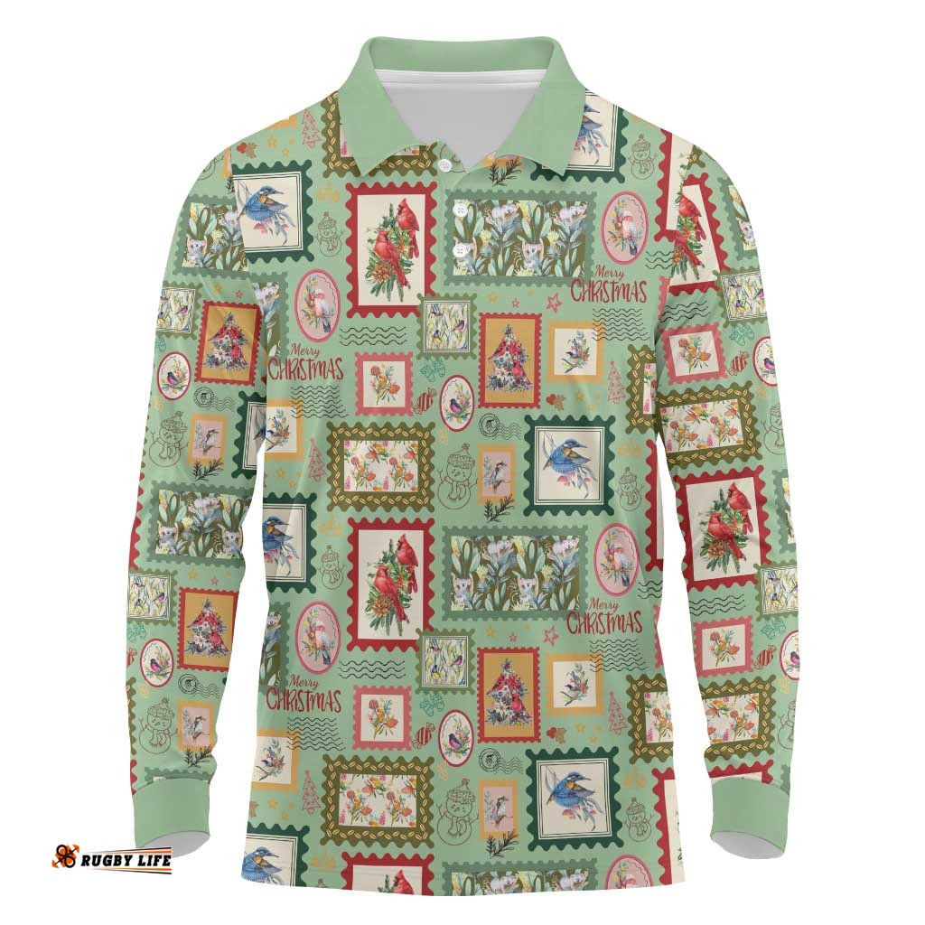 Aussie Birds Christmas La La Land Long Sleeve Polo Shirt Green Vintage Stamp Edition LT9