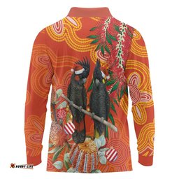 Australia Black Cockatoo Christmas Long Sleeve Polo Shirt Banksia Bottlebrush Aboriginal Art LT14