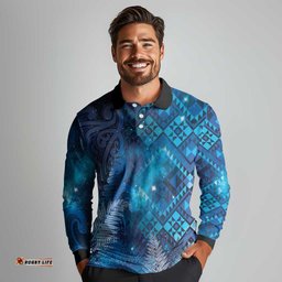 Aotearoa Taniko Matariki Long Sleeve Polo Shirt Cosmic Blue LT7