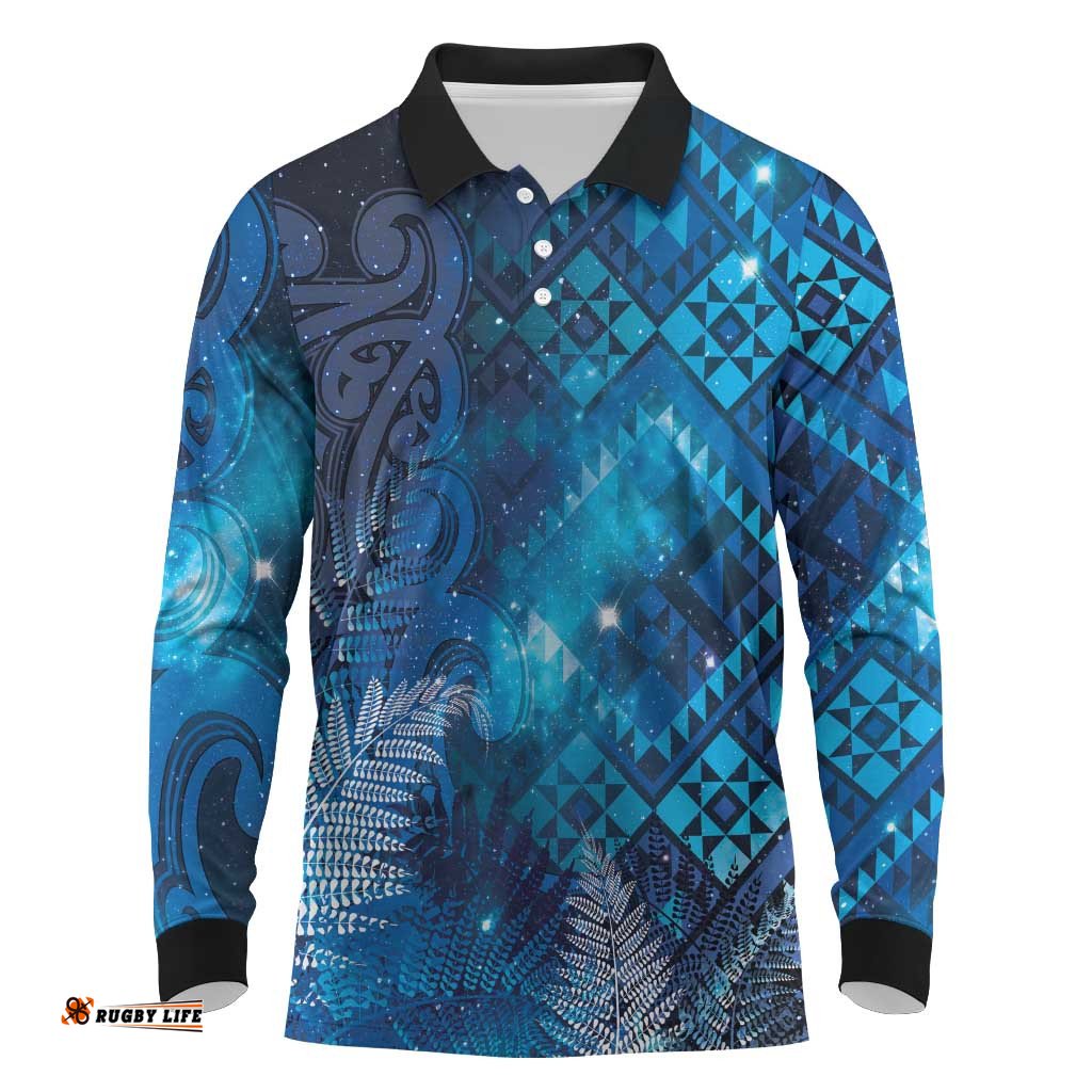 Aotearoa Taniko Matariki Long Sleeve Polo Shirt Cosmic Blue LT7