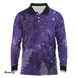 Aotearoa Taniko Matariki Long Sleeve Polo Shirt Cosmic Violet LT7
