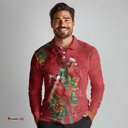 Aussie Red Cardinal Long Sleeve Polo Shirt Aboriginal Inspired Christmas LT9
