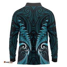 Aotearoa Pounamu Niho Long Sleeve Polo Shirt Silver Fern Mix Maori Pattern - Turquoise LT14