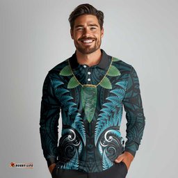 Aotearoa Pounamu Niho Long Sleeve Polo Shirt Silver Fern Mix Maori Pattern - Turquoise LT14