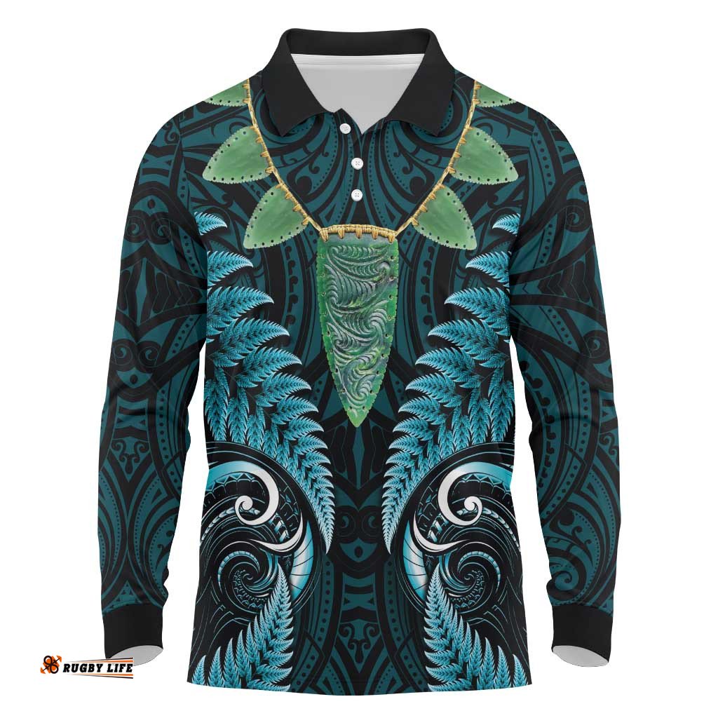 Aotearoa Pounamu Niho Long Sleeve Polo Shirt Silver Fern Mix Maori Pattern - Turquoise LT14