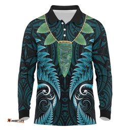 Aotearoa Pounamu Niho Long Sleeve Polo Shirt Silver Fern Mix Maori Pattern - Turquoise LT14