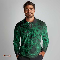 Aotearoa Maori Hei Tiki Long Sleeve Polo Shirt Kakariki Kowhaiwhai Puhoro Motif LT9