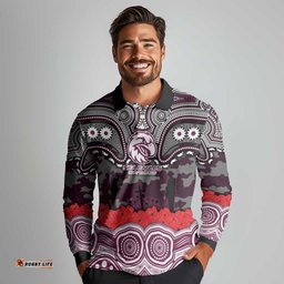 ANZAC Day Manly Warringah Sea Eagles Long Sleeve Polo Shirt Military Memorial Aboriginal Indigenous Art TS04