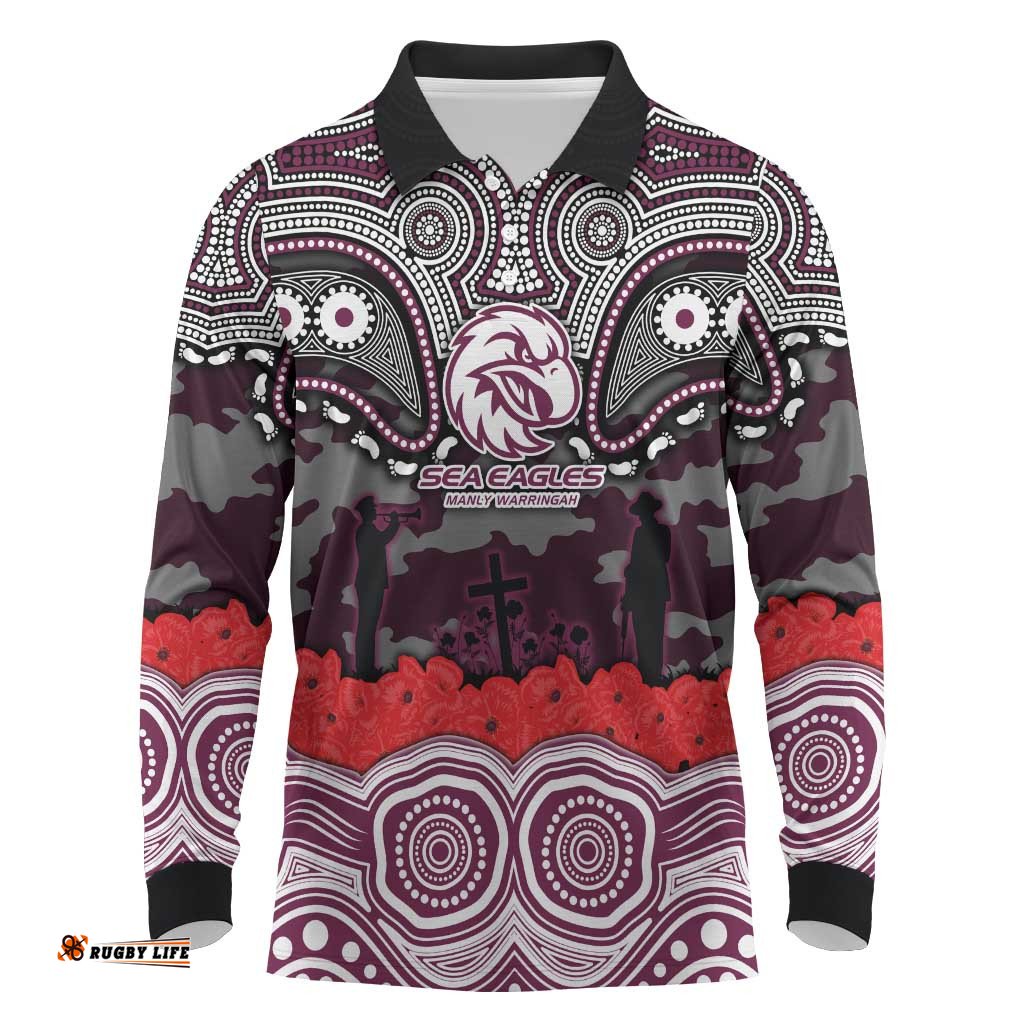 ANZAC Day Manly Warringah Sea Eagles Long Sleeve Polo Shirt Military Memorial Aboriginal Indigenous Art TS04