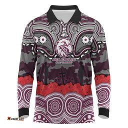 ANZAC Day Manly Warringah Sea Eagles Long Sleeve Polo Shirt Military Memorial Aboriginal Indigenous Art TS04