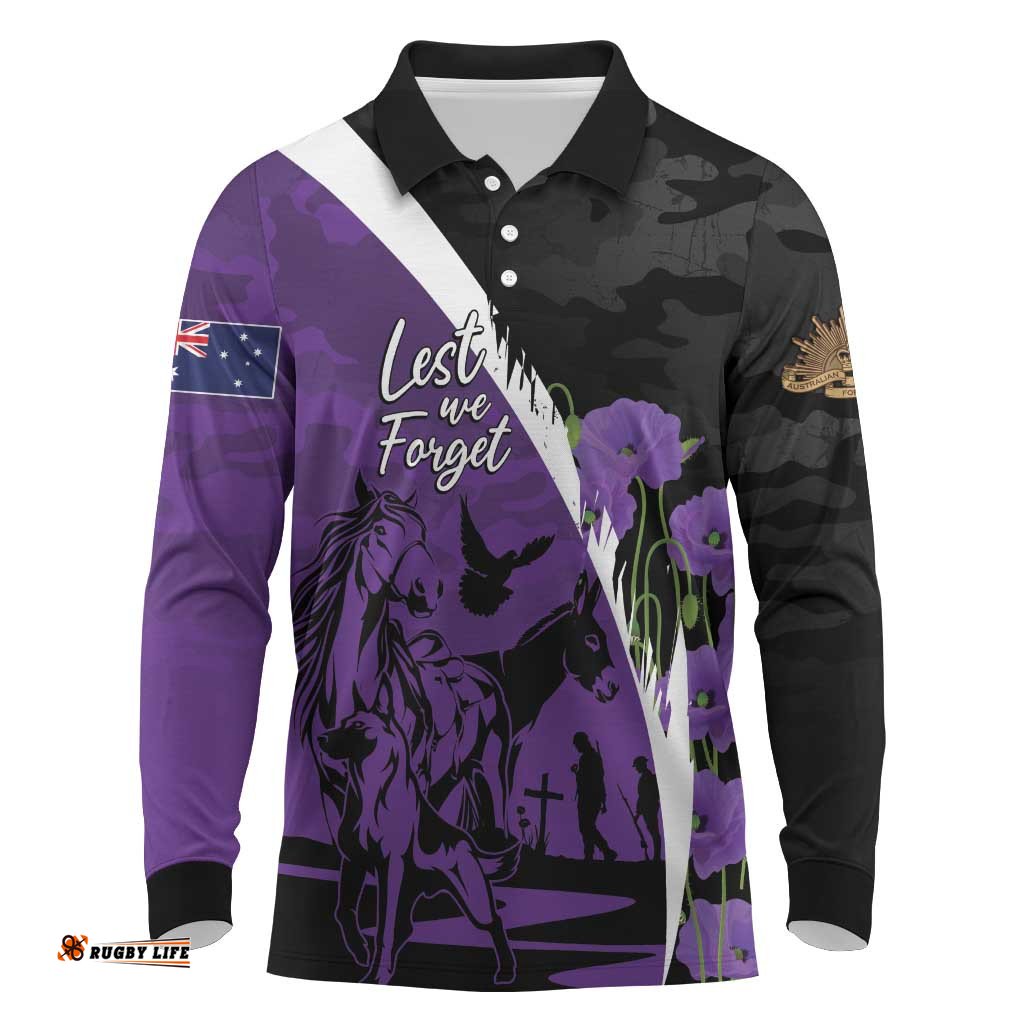 Australia ANZAC Day Long Sleeve Polo Shirt Animals of War - Lest We Forget LT7
