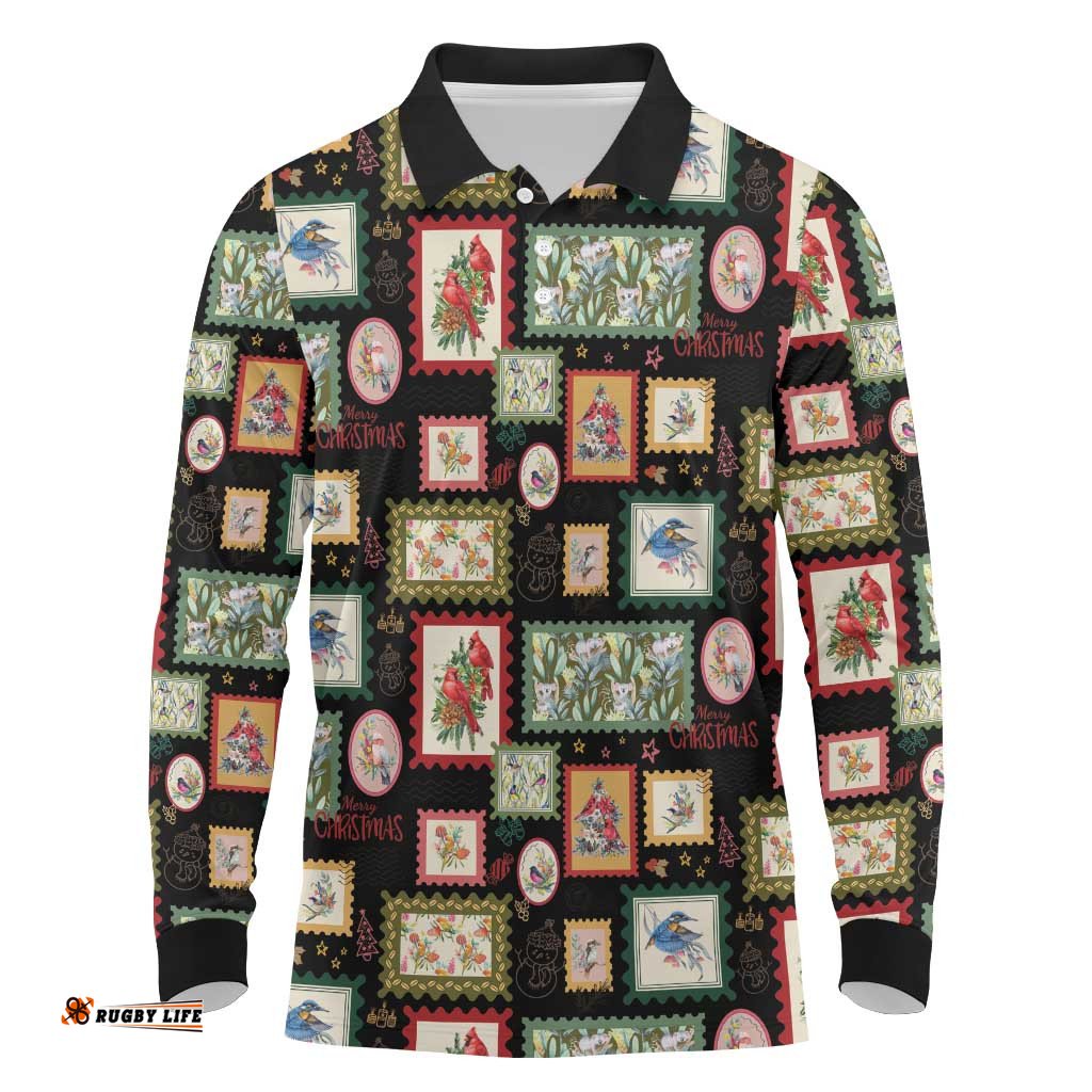 Aussie Birds Christmas La La Land Long Sleeve Polo Shirt Black Vintage Stamp Edition LT9