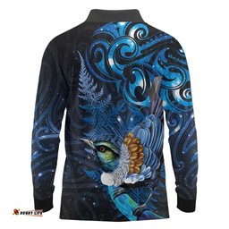 Aotearoa Matariki Long Sleeve Polo Shirt Maori Tribal with Silver Fern and Tui Bird Galaxy Style LT03