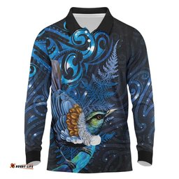 Aotearoa Matariki Long Sleeve Polo Shirt Maori Tribal with Silver Fern and Tui Bird Galaxy Style LT03